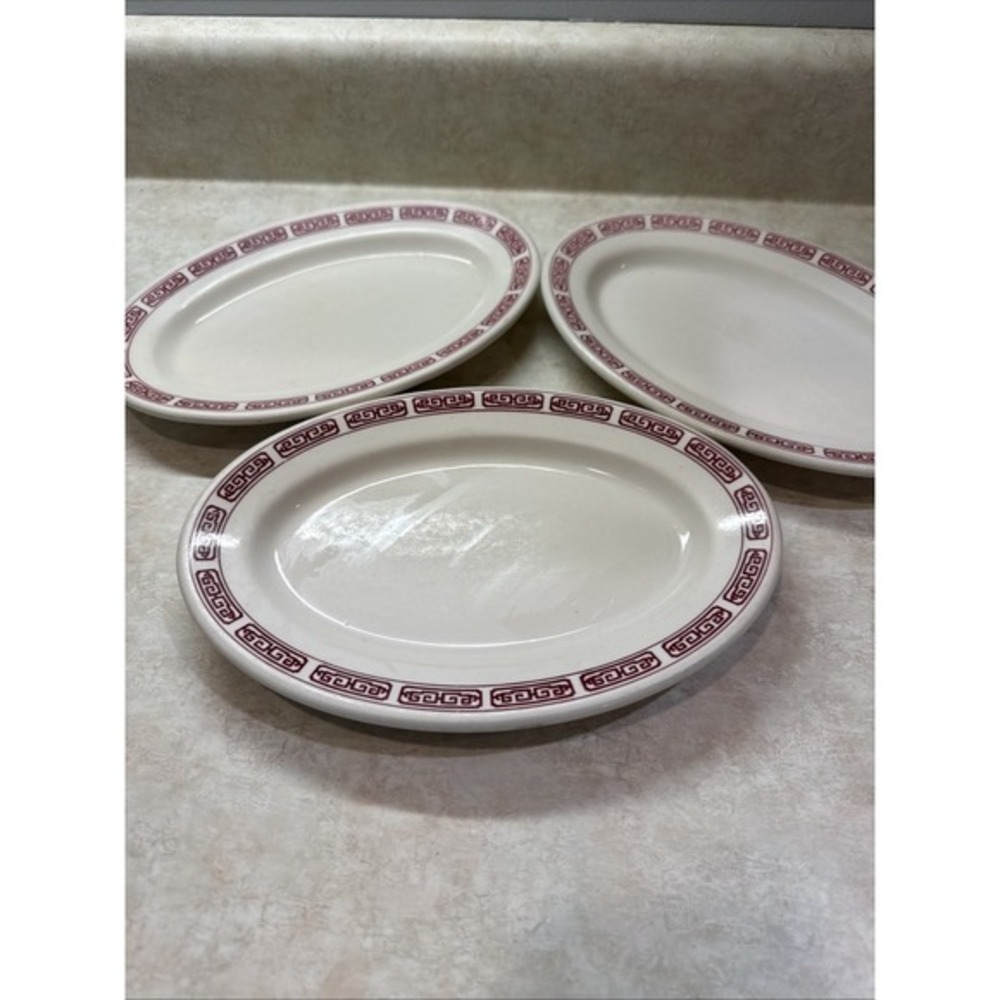 3 BUFFALO‎ CHINA OVAL PLATTERS-RESTAURANT 10.5x7.25 RED PATTERN USA